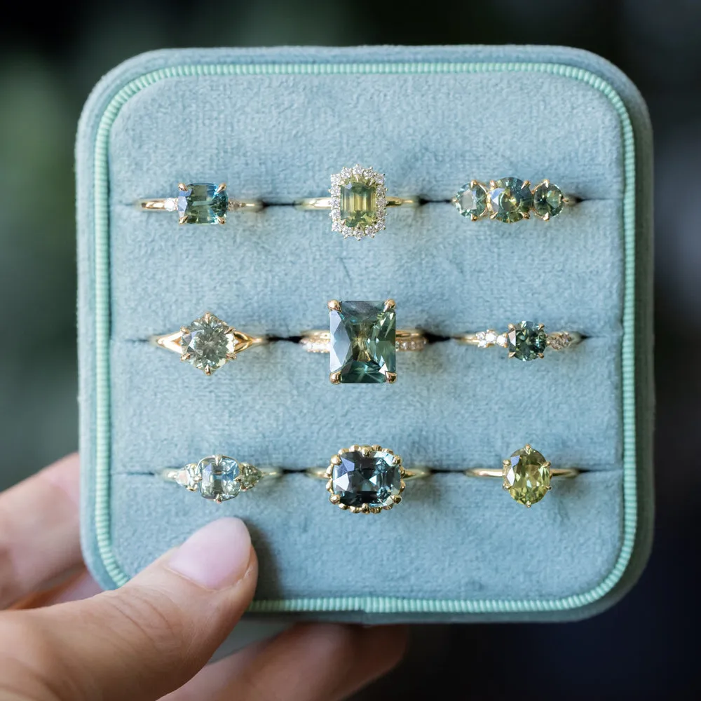 1.07ct Untreated Deep Teal Green Nigerian Sapphire Four Prong Low Profile Milgrain and Diamond Ring in 14k White Gold