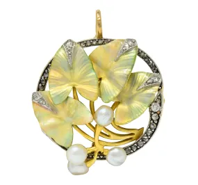 Art Nouveau Enamel Pearl Diamond Platinum-Topped 18 Karat Two-Tone Gold Ivy Pendant