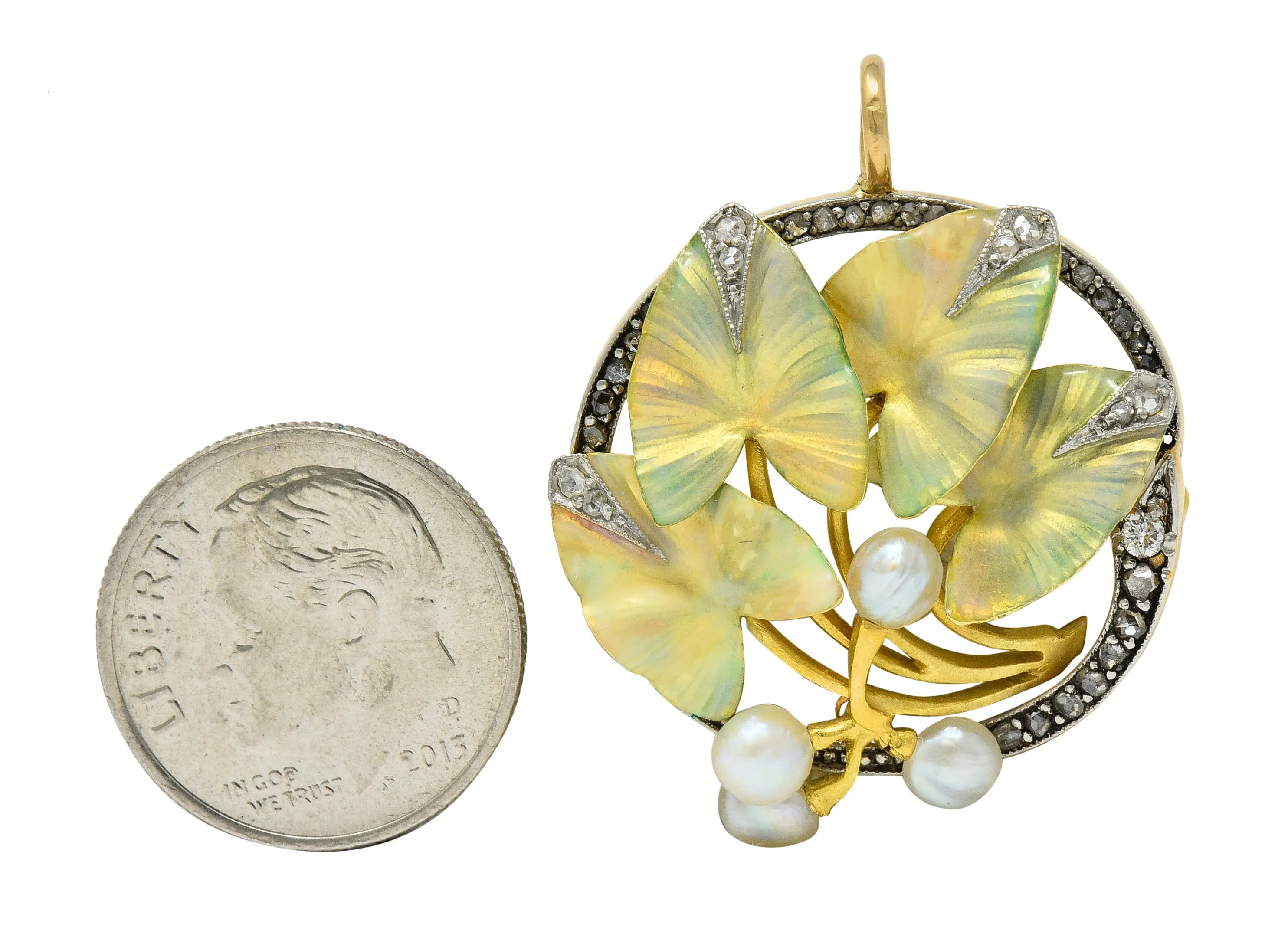 Art Nouveau Enamel Pearl Diamond Platinum-Topped 18 Karat Two-Tone Gold Ivy Pendant