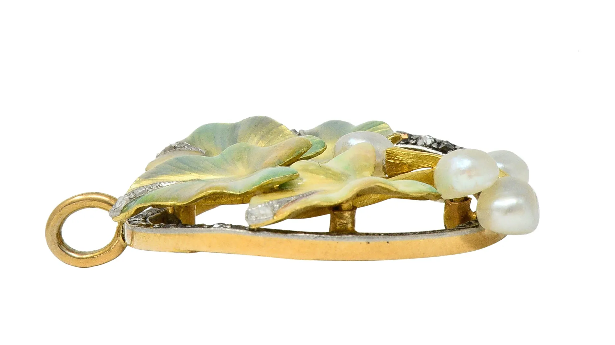 Art Nouveau Enamel Pearl Diamond Platinum-Topped 18 Karat Two-Tone Gold Ivy Pendant