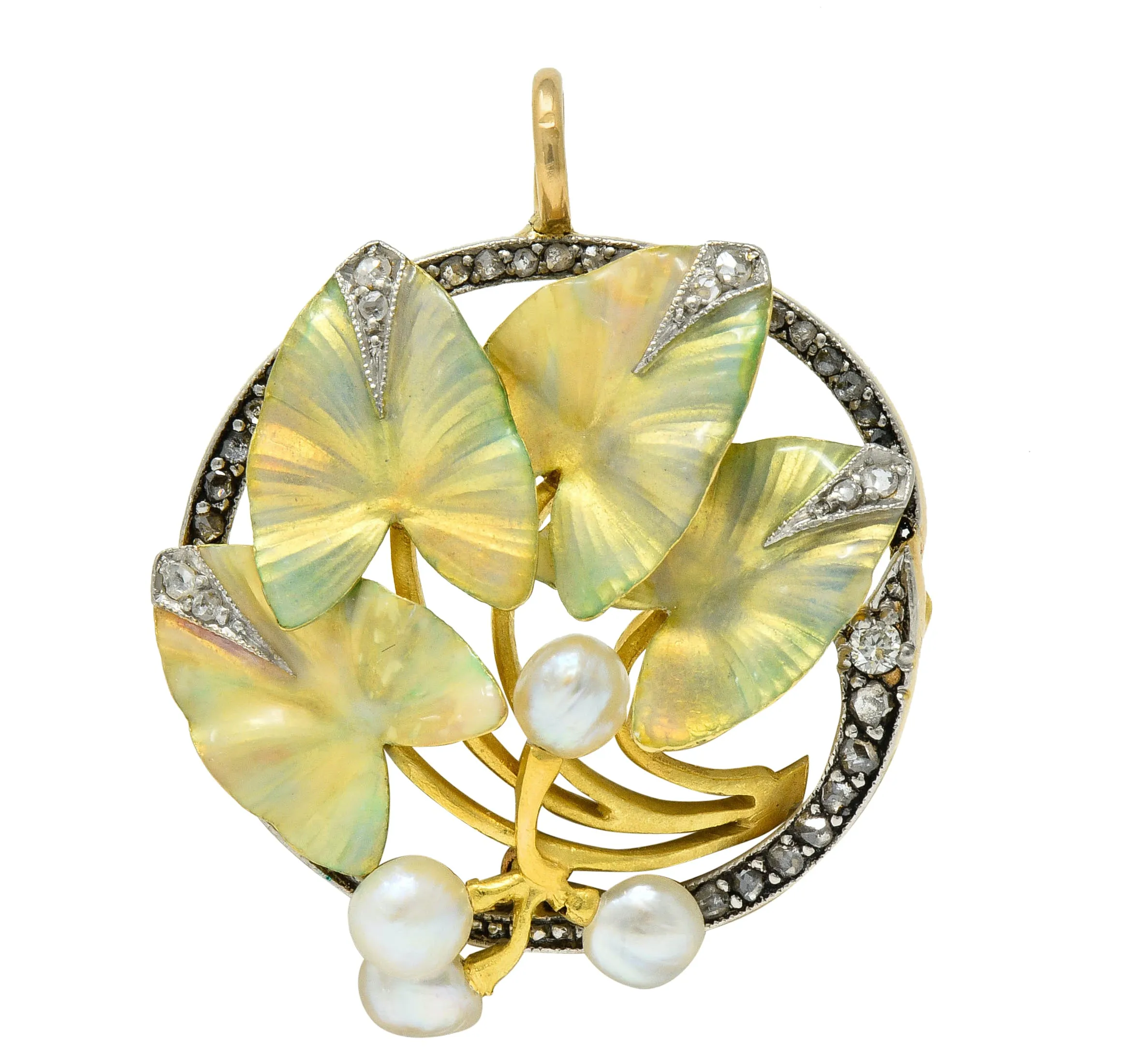 Art Nouveau Enamel Pearl Diamond Platinum-Topped 18 Karat Two-Tone Gold Ivy Pendant