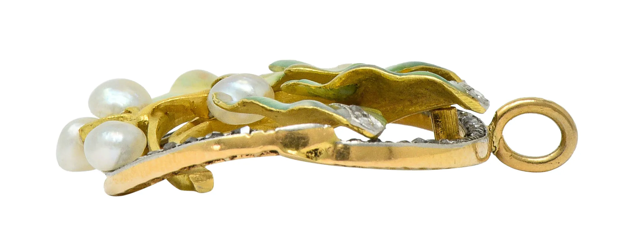 Art Nouveau Enamel Pearl Diamond Platinum-Topped 18 Karat Two-Tone Gold Ivy Pendant