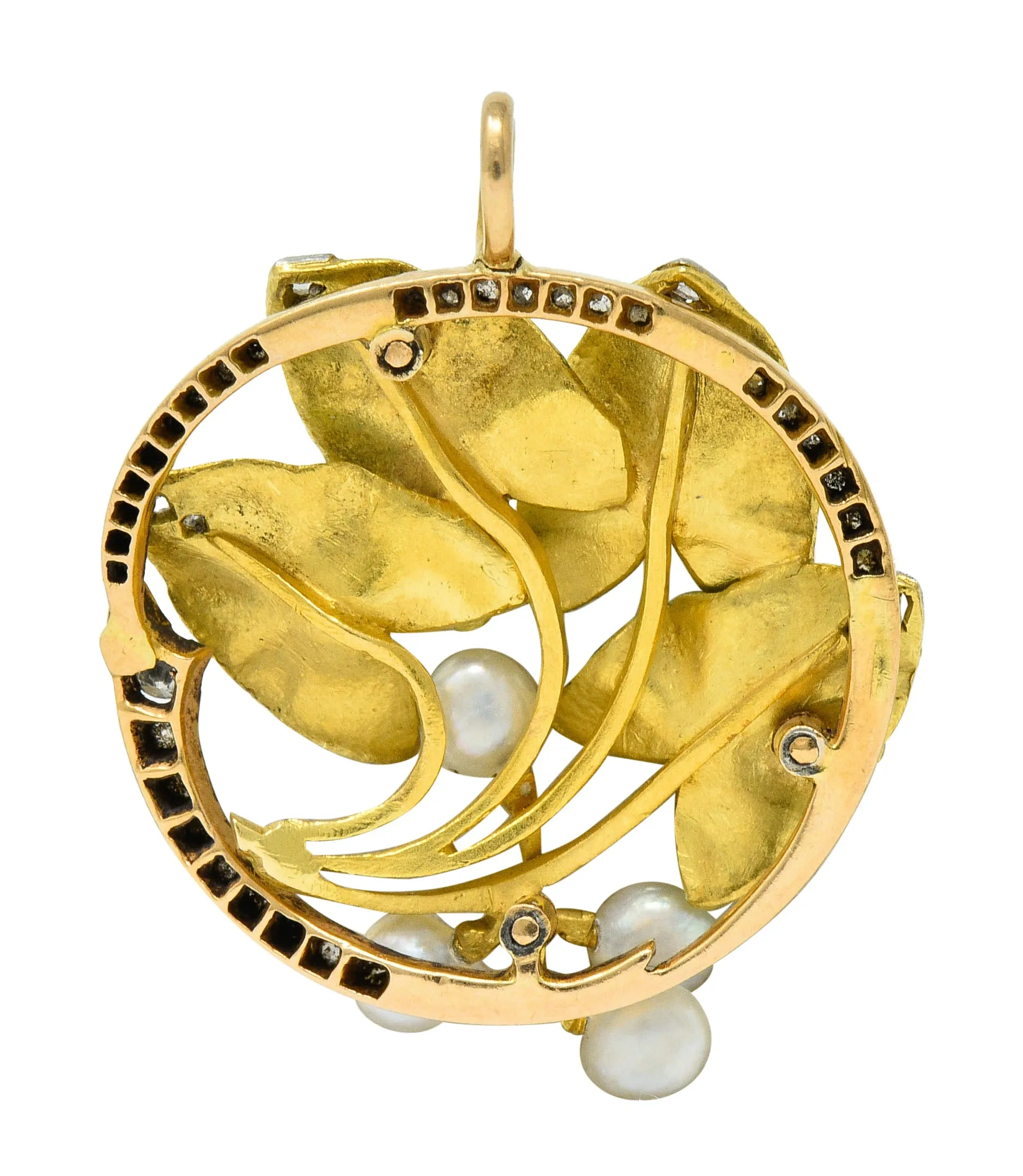 Art Nouveau Enamel Pearl Diamond Platinum-Topped 18 Karat Two-Tone Gold Ivy Pendant