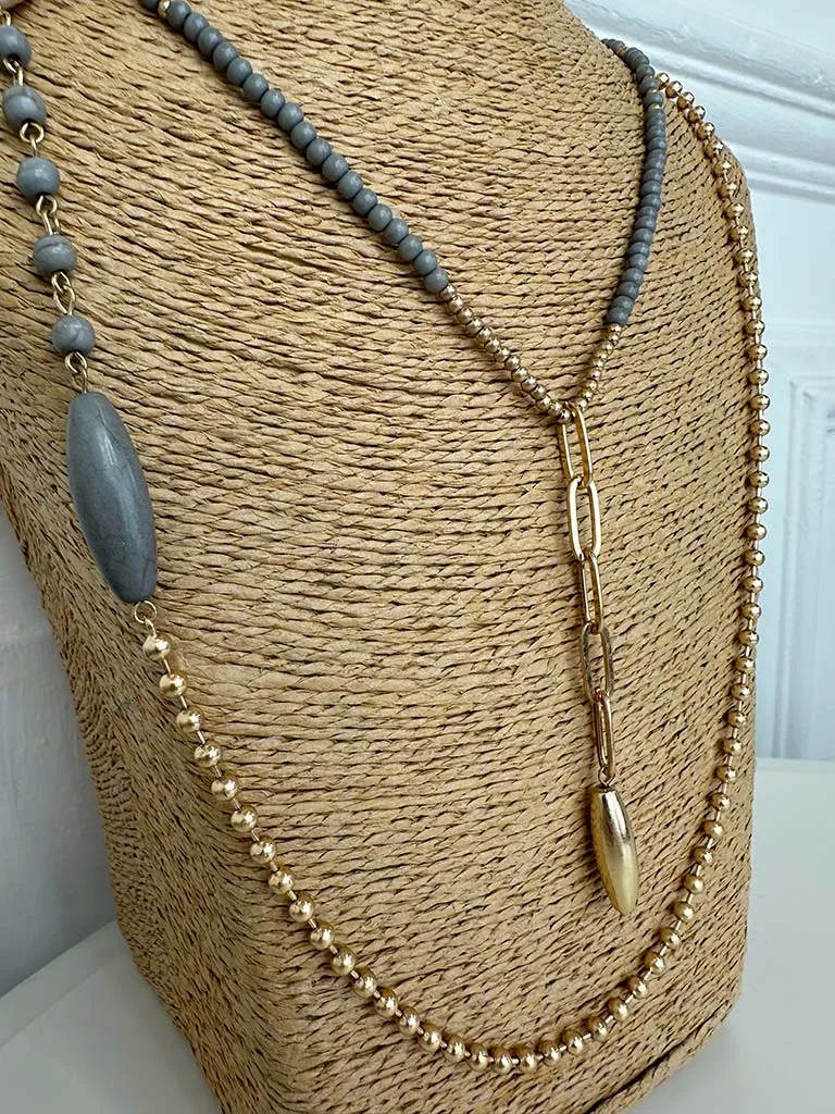 Envy Double Chain Bead Necklace - Gold & Grey