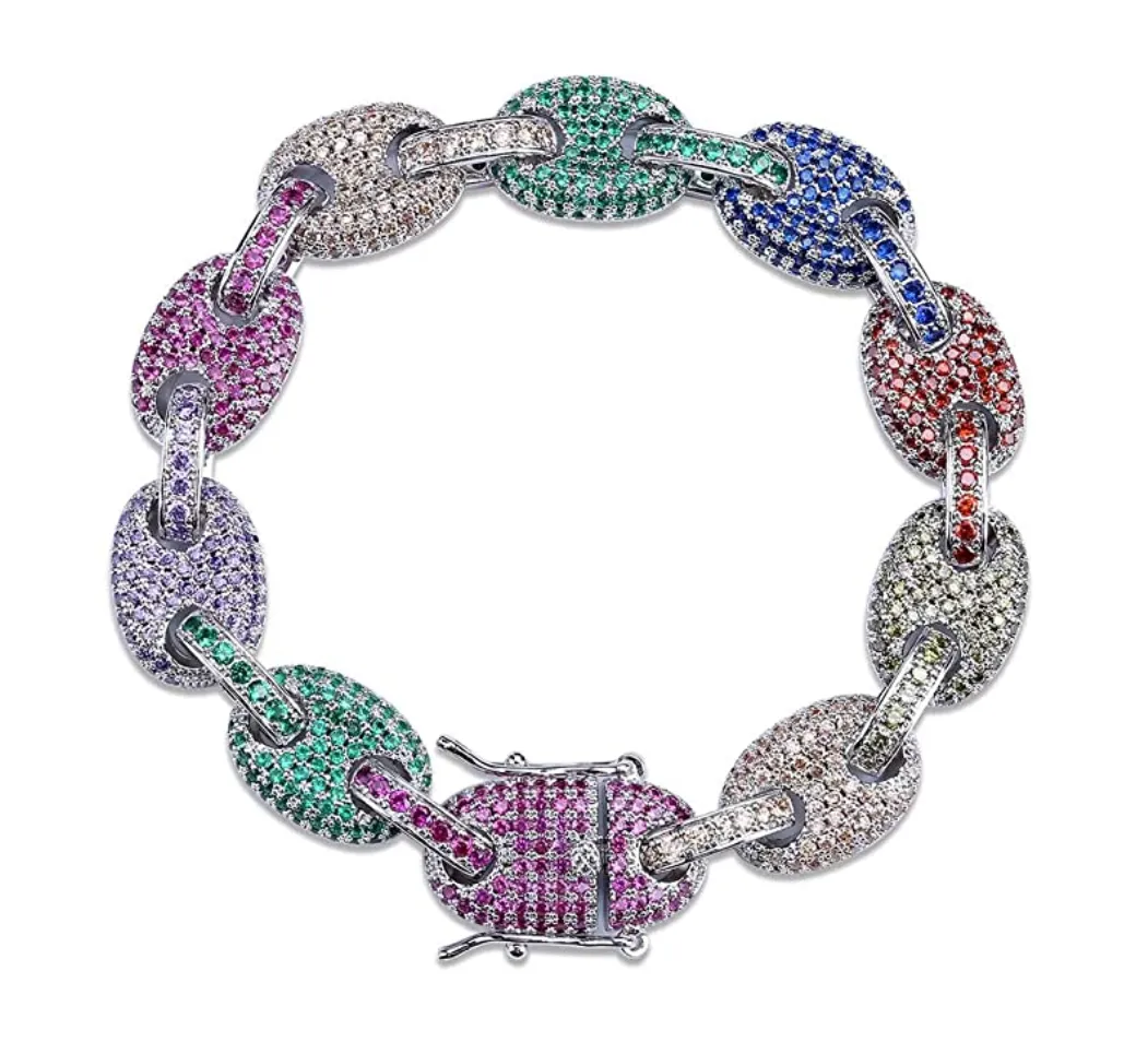Gold Silver Tone Bracelets Simulated Diamond Puff Link Anchor Bracelet Rainbow Mariner Link Bracelet Hip Hop Jewelry