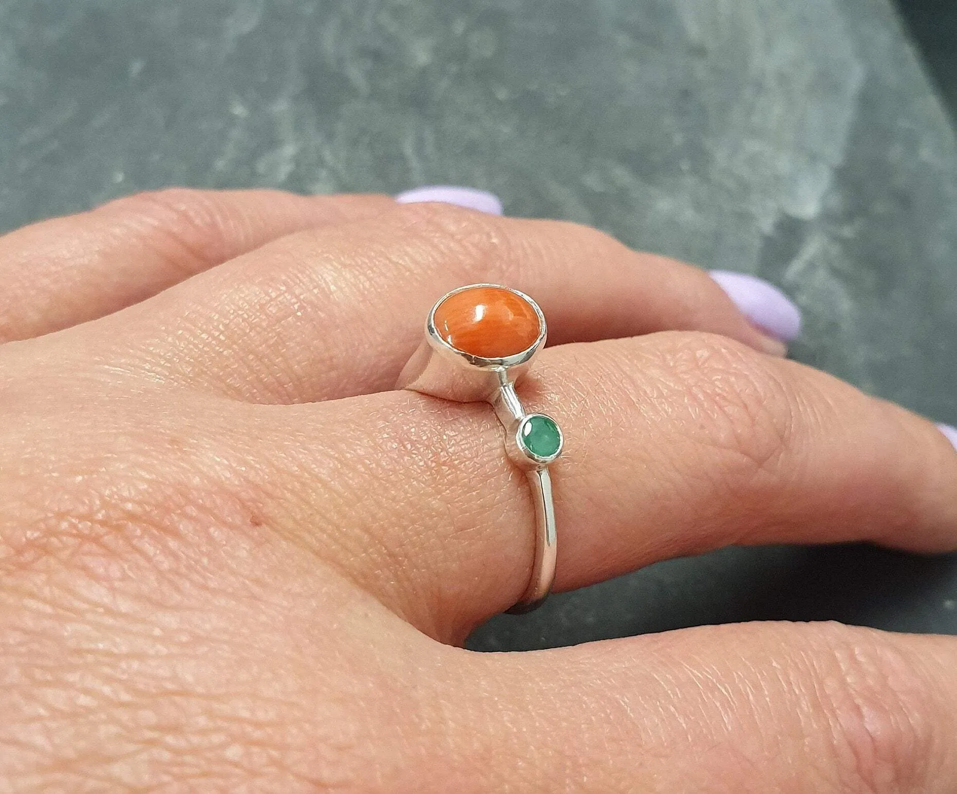 Red Coral Ring - Natural Emerald Ring - Red Green Vintage Ring