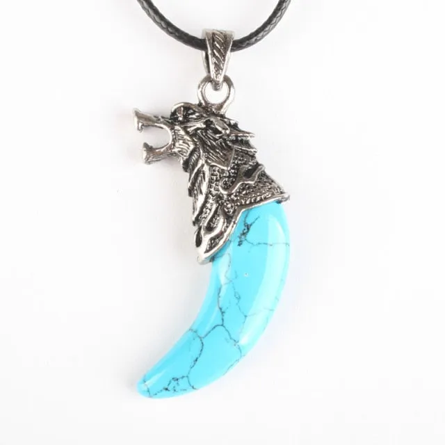 Stainless Steel Natural Stone Wolf Pendant Chain Necklace